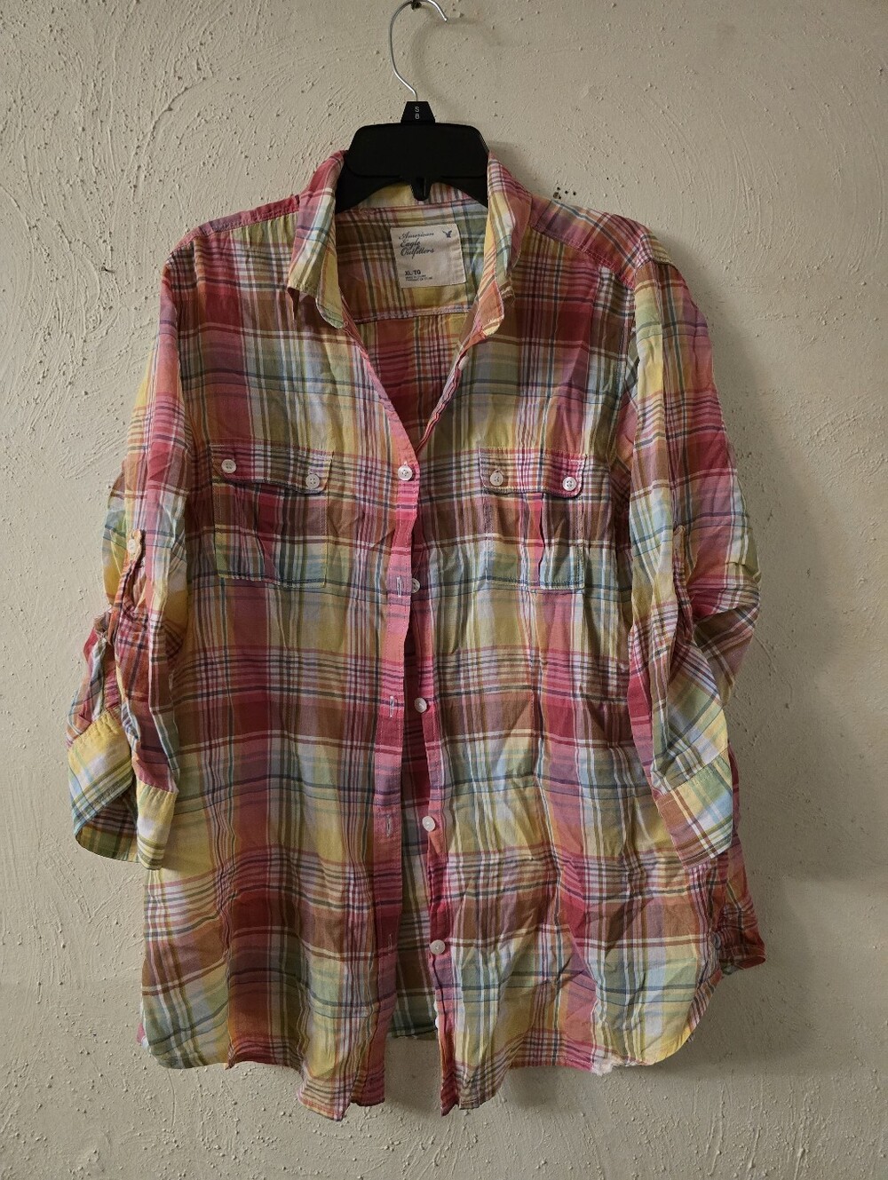 American Eagle Outfitters Yellow Pink Green Blue Plaid Shirt